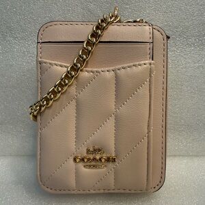 Coach Zip Quilted Card Case with Gold Chain - Light Pink